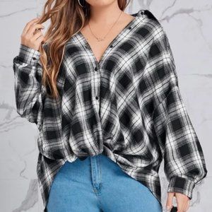 SHEIN CURVE Tartan Twist Front Tunic Long Sleeve Collared Top Plus size 4